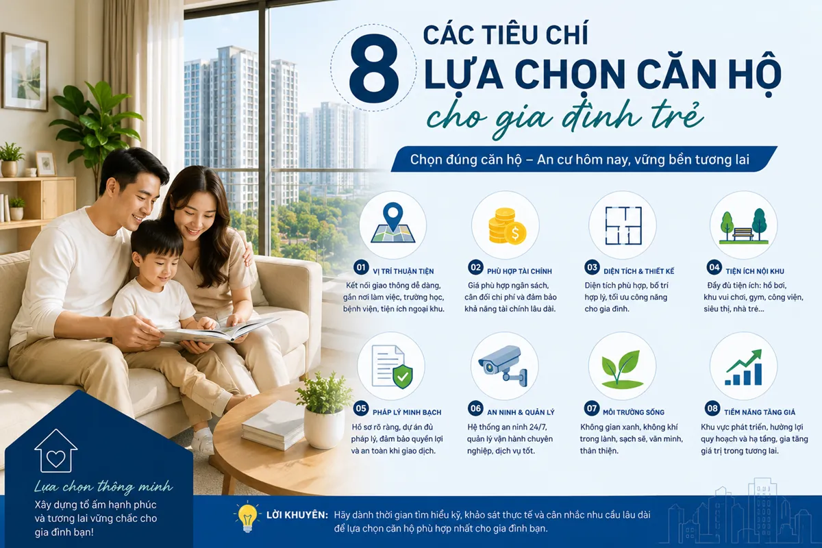Các tiêu chí lựa chọn căn hộ cho gia đình trẻ: 8 yếu tố không nên bỏ qua